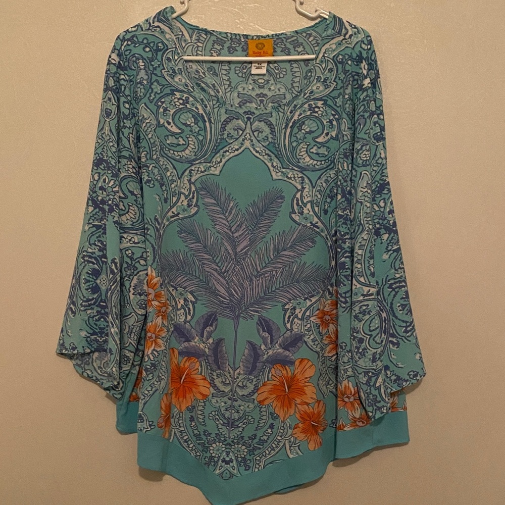 Ruby Rd. Woman Teal and Orange Floral Tunic Asymmetrical Hem Sz 3X